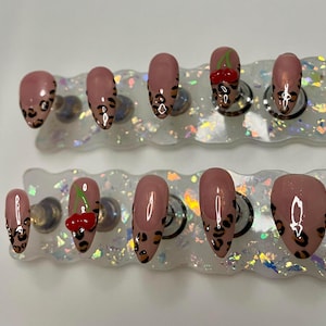 Hand made/ Reusable/ Custom 3D Press on Nails / Cherry 3d nails leopard