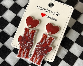 Cheer Mom Earrings, Red Glitter Pom Pom Dangle Earrings, Cheerleader Mom Jewelry, Spirit Wear Gift, Game Day Earrings