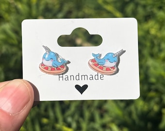 Handmade Narwhal Pizza Stud Earrings, Kawaii Ocean Jewelry