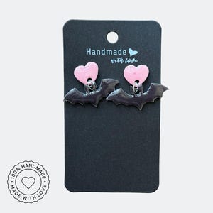 Bat Earrings, Gothic Heart Bat Dangle Earrings, Halloween Jewelry, Spooky Cute Earrings, Alt Fashion Gift for Her, Kawaii Goth Style
