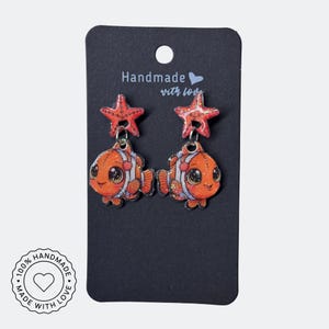 Clown Fish and Starfish Earrings, Ocean Lover Jewelry, Cute Sea Life Dangle Earrings, Tropical Beach Accessories, Gift for Fish Lovers
