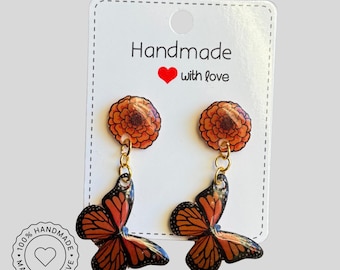 Marigold Monarch Butterfly Earrings, Dia de los Muertos Jewelry, Fall Floral Dangle Earrings, Mexican Inspired Earrings, Whimsical Earrings