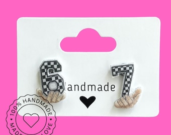 6 7 Meme Earrings, Checkered Hand Number Studs, Funny Trend Earrings, Mismatched Stud Earrings, Gen Z Jewelry