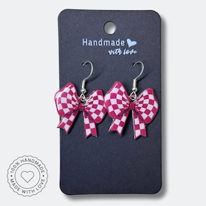 Pink Checkered Bow Earrings for Women Retro Dangle Earrings Hook Shrink Plastic Earrings Handmade Earring Trendy Bow for Girls