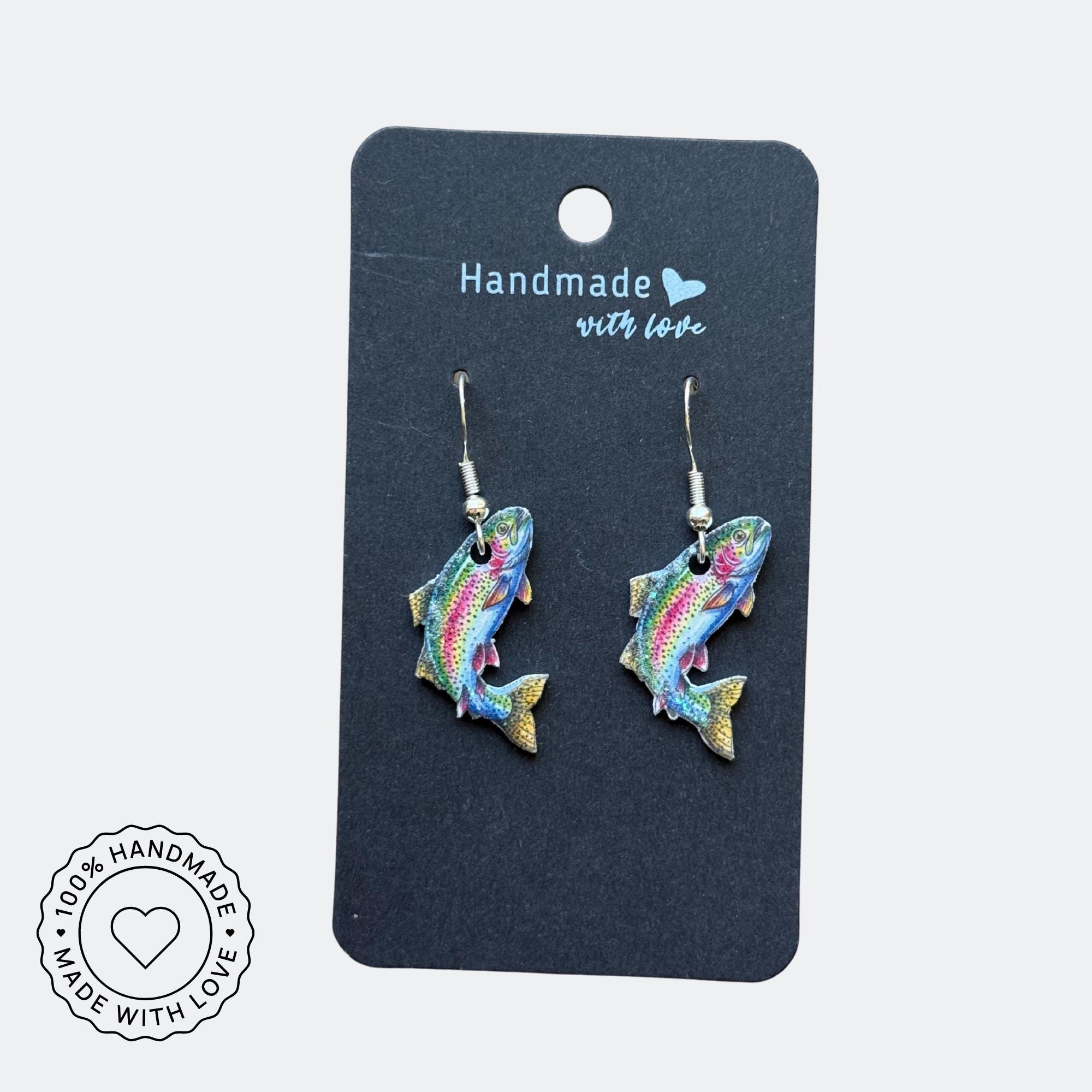 Rainbow Trout Earrings, Fishing Jewelry, Outdoorsy Nature Earrings, Wildlife Dangle Earrings, Angler Gift for Women, Handmade Fish Jewelry