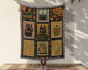 Halloween throw blanket, spooky tapestry fall home decor, Skeleton ghost gift for friend, Cozy Autumn bedding, Cute ghost gift soft blanket