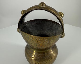Vintage Indian Brass Kamandalu Holy Water Vessel | Hand Engraved Hindu Ritual Pot | Folk Art Decor