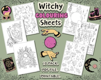 May include: A set of 10 printable coloring pages featuring witchy themes. The pages include images of a crystal ball, a book of spells, a ouija board, herbs, and crystals. The text "Witchy Coloring Sheets" and "10 Pack. PDF File. Printable." is included on the image.