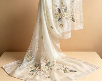 Delicate Floral Embroidered Mulberry Silk Scarf Semi-Sheer Shawl With Gold Trim Elegant Lightweight Wrap