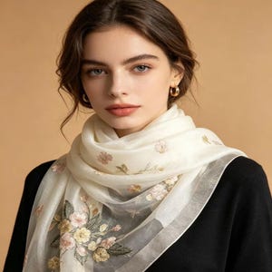 May include: A cream-colored scarf with floral embroidery. The scarf features delicate pink, yellow, and green flower designs. The scarf is draped over a black top.