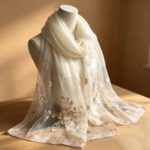 May include: A cream-colored, sheer scarf with embroidered floral details. The scarf is draped over a mannequin, showcasing the delicate embroidery of pink, yellow, and green flowers and leaves. The scarf's edges have a subtle, decorative trim.
