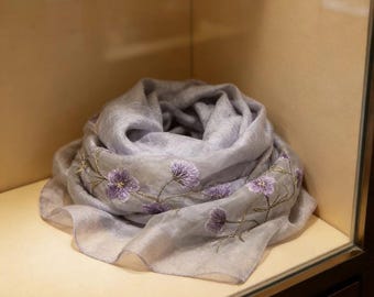 Women's Mulberry Silk Wool Scarf Shawl - Lightweight Floral Embroidered Wrap For Wedding, Party, Prom Fashion Accessory
