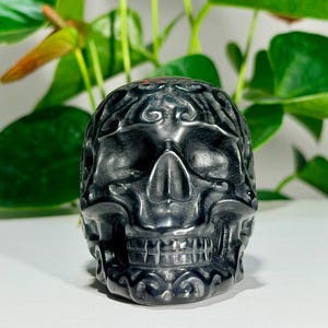Obsidian Skull Carving with Design | Black Obsidian Crystal Skull | Decorative Crystal Carving | Gothic Home Decor | Unique Crystal Gift