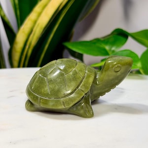 Puede incluir: Pequeña figura de tortuga de piedra verde. La tortuga tiene un patrón de caparazón detallado y un acabado liso y pulido. La figura se encuentra sobre un fondo de follaje verde y una superficie blanca.