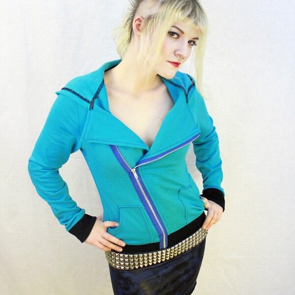 Teal Motorcycle Asymmetrical Hoodie Jacket Neon Punk