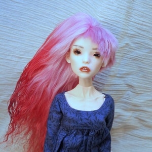 May include: A doll with long, pink and red hair, wearing a blue dress with a floral pattern. The doll has a white face with painted features and is looking at the camera.