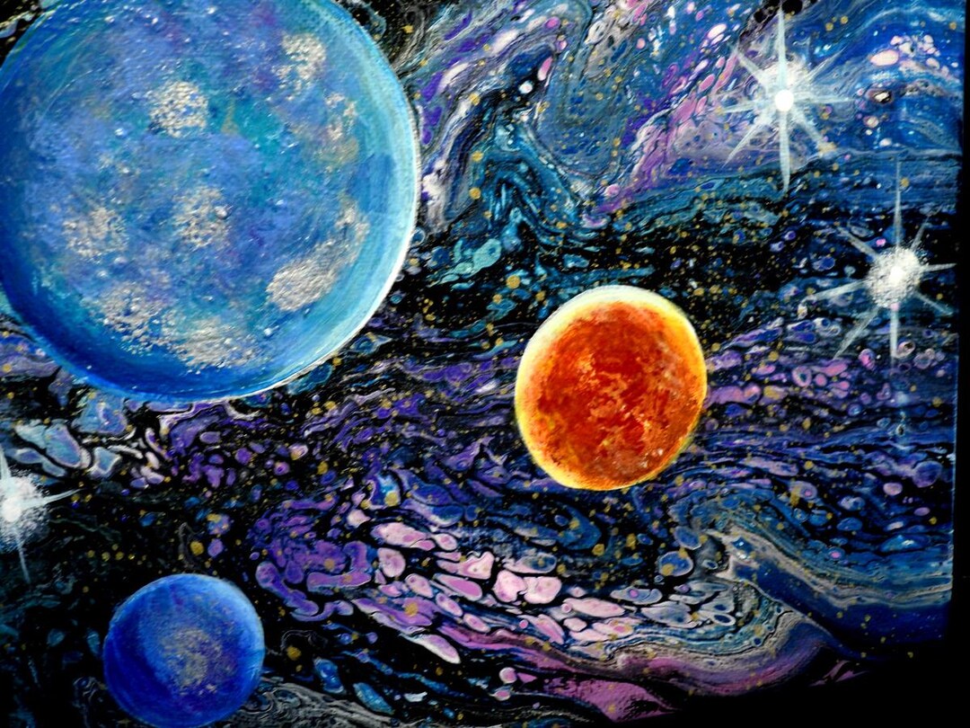 Outer Space Planets Fantasy Fluid Acrylic Painting Art "3 Planet System ...