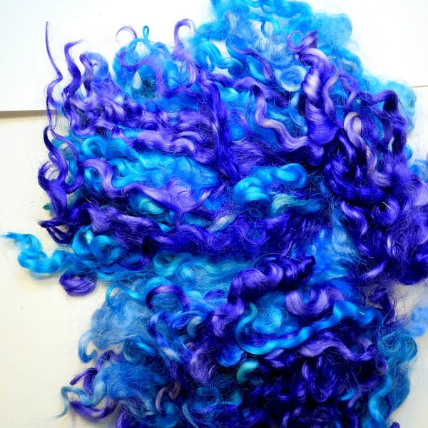 Lincoln Wool Locks Separated Dyed 2 oz (57 grams)  Tail Spinning Curly Doll Hair Felting Purple Aqua  Blue