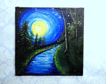 Fridge Magnet Miniature Acrylic Painting Landscape Art 4 x 4" Moonlight Magic