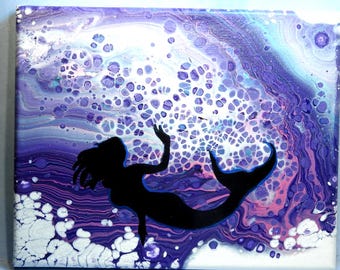 Mermaid Fantasy Fluid Acrylic Painting Art Stretched Canvas Undersea 8 x 10" "Purple Mermaid"