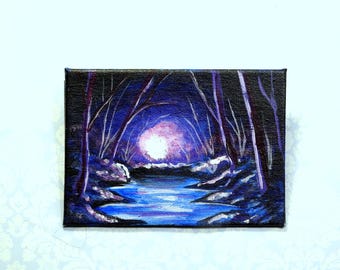 Fridge Magnet Miniature Landscape Acrylic Painting Art 2-1/2 x 3-1/2" Purple Night Stream