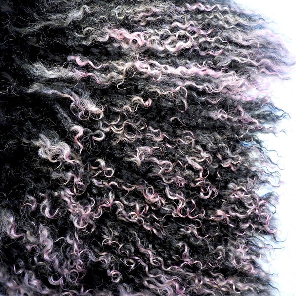 Black with Light Pink Tips Tibetan Lamb Mohair Doll Hair 6 x 7" Curly Mongolian Lambskin for Wigs Reroot Blythe Waldorf