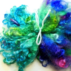 Dyed Teeswater Wool Locks: Aqua, Green, Purple - Curly Hair Felting (26 gm)