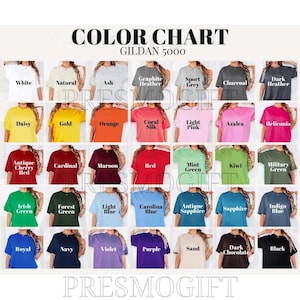 May include: Color chart for Gildan 5000 t-shirts showing 36 different colors. The colors are arranged in rows and columns, with each color represented by a small t-shirt.