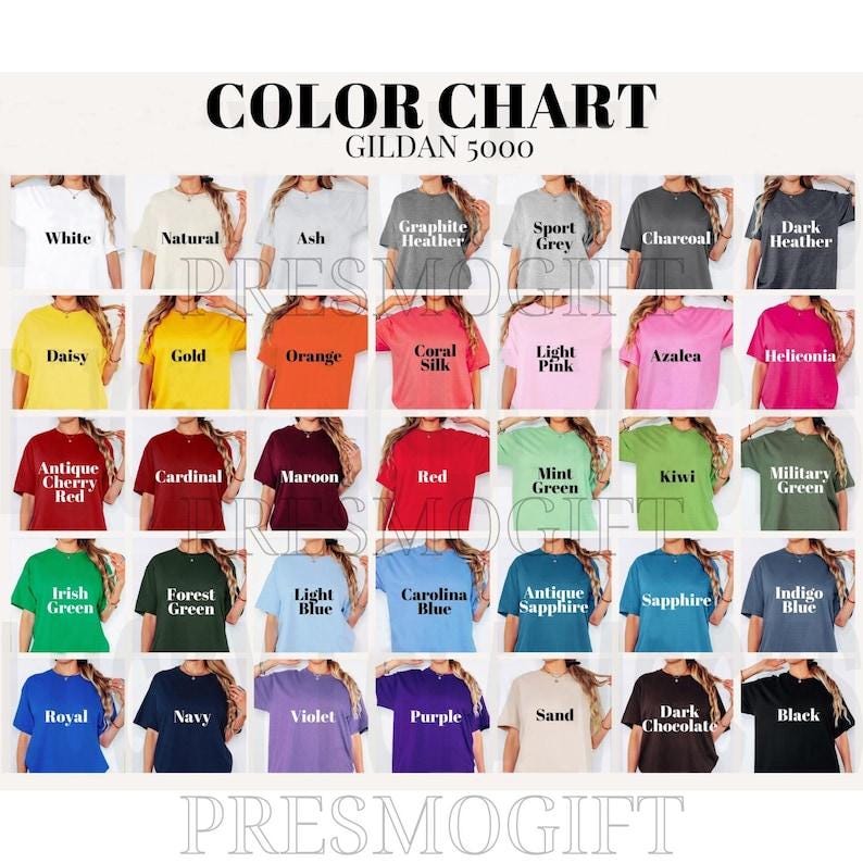 May include: Color chart for Gildan 5000 t-shirts showing 36 different colors. The colors are arranged in rows and columns, with each color represented by a small t-shirt.