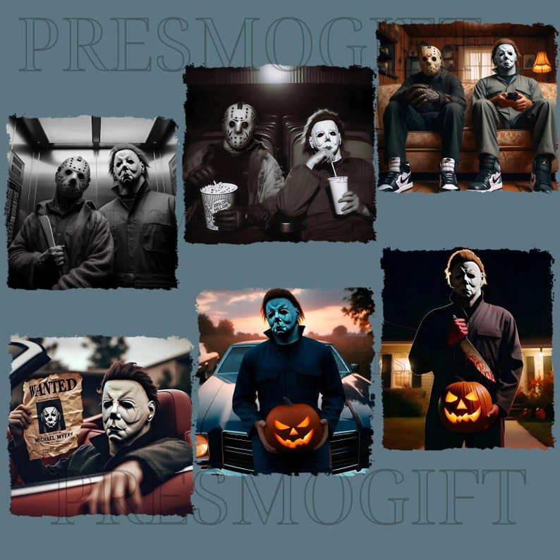 May include: A collage of images featuring the iconic horror movie character Michael Myers, known for his white mask. The images show him in various settings, including a cinema, a car, and a house. The images are in a dark and spooky style, with a focus on the character's menacing presence.