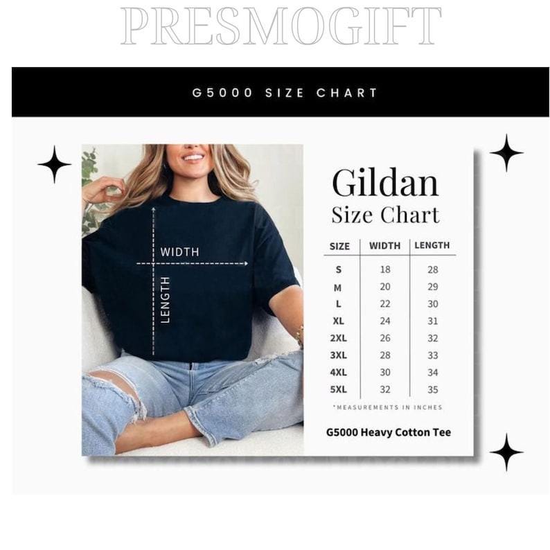 May include: Gildan G5000 Heavy Cotton Tee size chart with measurements in inches. The chart shows the width and length of the tee in inches for sizes S through 5XL.