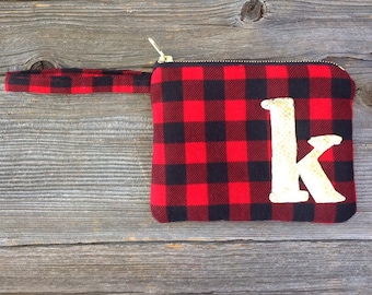 Personalized Clutch, Holiday Bag, Gifts for Her, Personalized Gift, Buffalo Plaid Wristlet, Flannel Purse, Teacher Gift, Monogram Bag