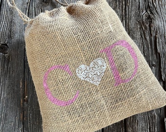 Personalized dollar dance bag, burlap and lace wedding, rustic wedding bag, initial bag, pink wedding bag, personalized bag, gift for couple