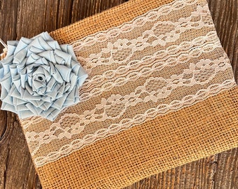 Burlap and lace clutch with blue flower, something blue, gift for bride, bridal shower gift, rustic wedding bag, blue wedding, barn wedding