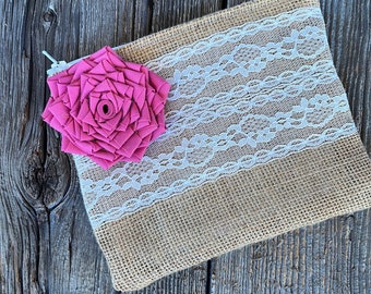 Pink wedding clutch, burlap and lace wedding bag, wedding accessories, bridal party gifts, makeup of bag, brides purse, bridesmaid gifts