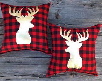 2 Metallic Pillows, Buffalo Plaid Antler Pillow Set, Metallic Gold Pillow, Deer Pillow, Metallic Decor, Deer Silhouette, Rustic Decor