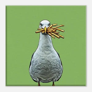 Seagull French Fries Canvas Print: Funny Bird Art (20x20 cm)