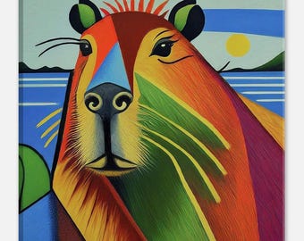 Portrait Capybara : impression sur toile animal abstrait coloré (20 x 20 cm)