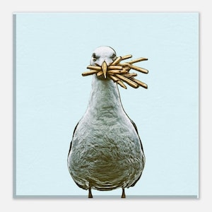 Funny Seagull Canvas Print: Fries Thief, Coastal Wall Art (20x20 cm)