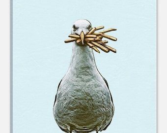 Funny Seagull Canvas Print: Fries Thief, Coastal Wall Art (20x20 cm)