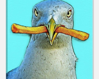 Seagull with French Fry Canvas Print - Funny Bird Art (20x20 cm)