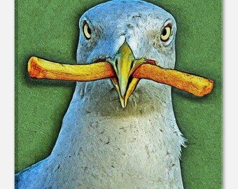 Seagull with French Fry Canvas Print - Funny Bird Art (20x20 cm)