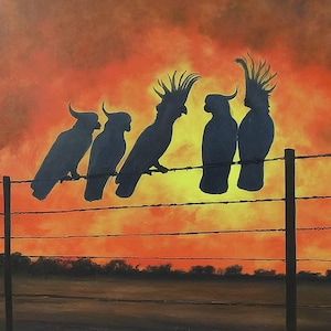 Cacatúa al anochecer. Cacatúas descansando en una valla.