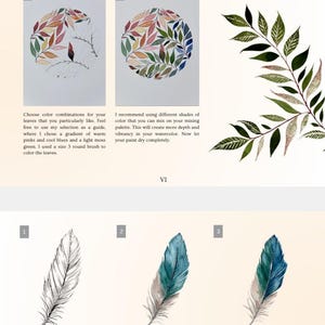 May include: Watercolor tutorial with step-by-step instructions. Features images of leaves and feathers with colour gradients. Text includes instructions on colour mixing and brush sizes.