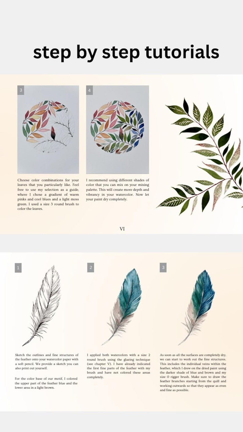 May include: Watercolor tutorial with step-by-step instructions. Features images of leaves and feathers with colour gradients. Text includes instructions on colour mixing and brush sizes.
