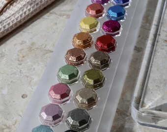 Kit de tutoriales de acuarela metálica Vol. 2 – 20 pastillas octogonales brillantes, folleto con instrucciones paso a paso (hecho a mano y vegano)