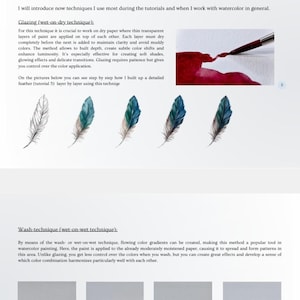 May include: A tutorial page on watercolour techniques. Text describes glazing and wash methods. Images illustrate feather painting and wet-on-wet colour blending. The title "watercolor techniques" is at the top of the page.