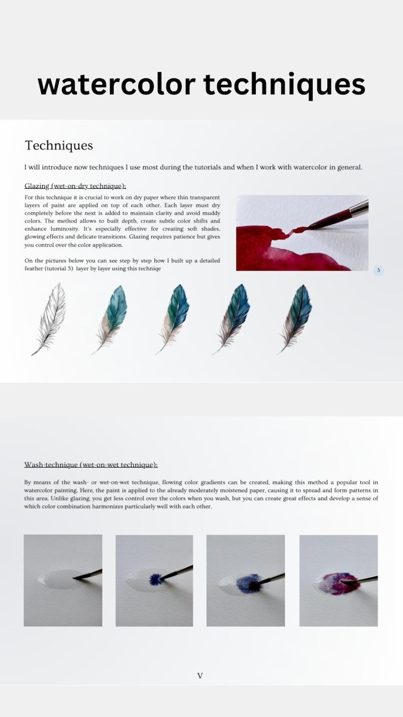 May include: A tutorial page on watercolour techniques. Text describes glazing and wash methods. Images illustrate feather painting and wet-on-wet colour blending. The title "watercolor techniques" is at the top of the page.