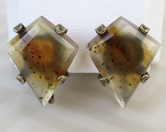 Wonderful vintage sterling silver Art Deco agate earrings , screwbacks