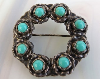 Vintage sterling silver ring of turquoise roses Mexican brooch pin - 1 1/4 inches